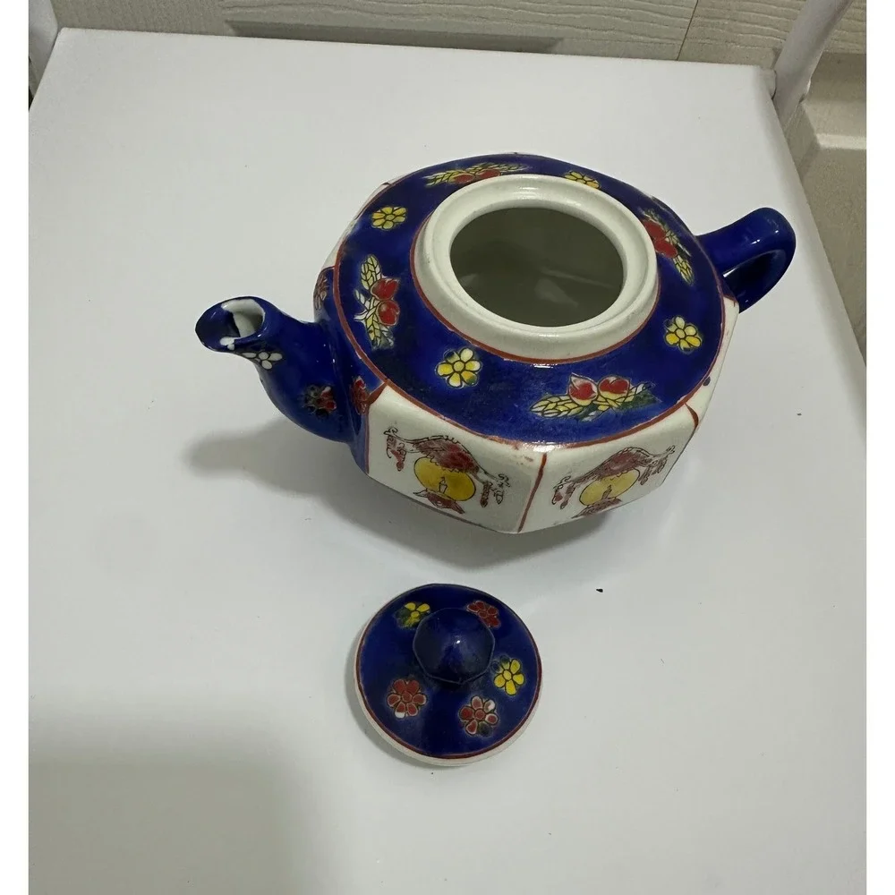 Vintage Chinese Hand Painted Porcelain Hexagonal Teapot Blue White Lanterns Good